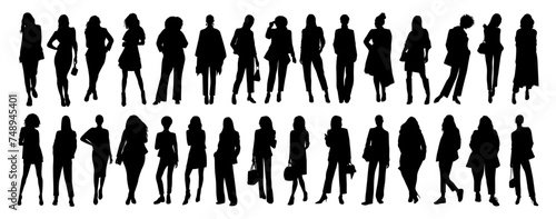 Set of different business women Silhouettes. Modern business ladies standing, walking full length. Monochrome outline black Vector illustration isolated, transparent background . Avatar, icon, symbol.