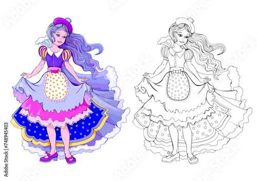 Colorful and black and white page for kids coloring book. Illustration of beautiful little girl in a fairyland carnival dress. Worksheet for children and adults. Flat cartoon vector.