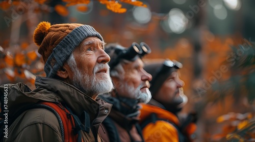 three older men are standing next to each other in a forest looking up at the sky