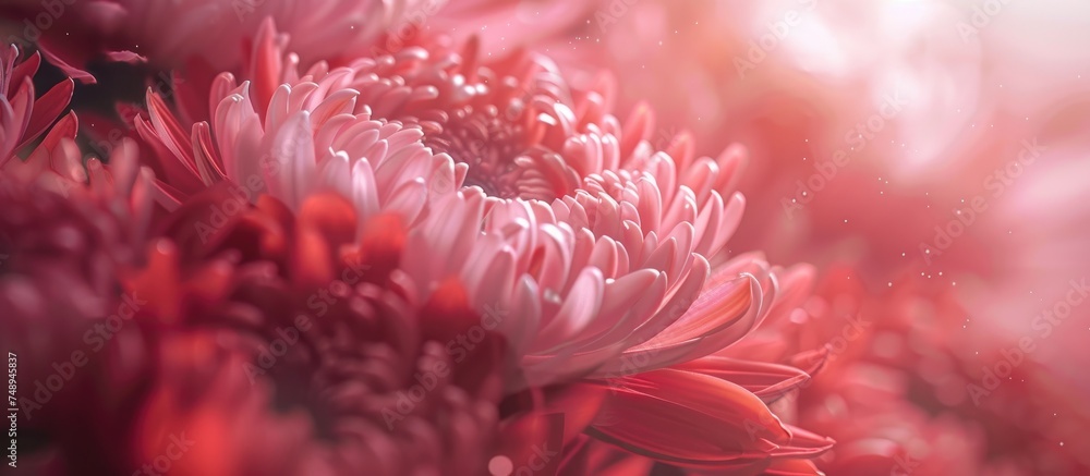 A detailed view of the intricate red and white petals of a Chrysanthemum morifolium flower, captured up close in a macro shot. The vibrant colors and delicate texture of the flower are visible without