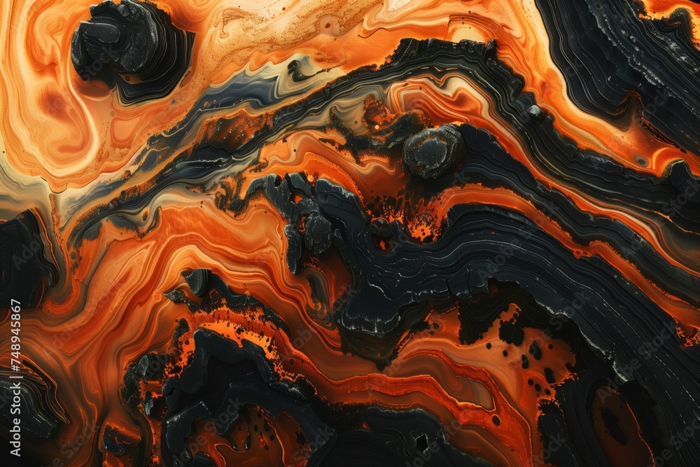 This captivating image features an abstract fluid art pattern with swirling hues of orange and black, evoking a fiery, molten essence