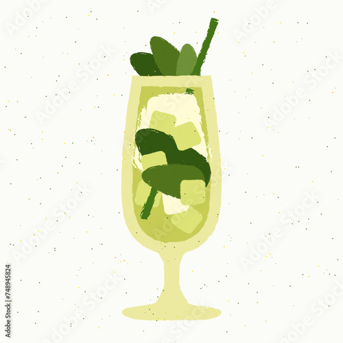 Green cocktail with leaves and ice cubes. Alcoholic drink with cream in glass. Alcohol drink for bar. Stemware with gin tonic and soda. Non-alcoholic beverage. Flat vector illustration with texture