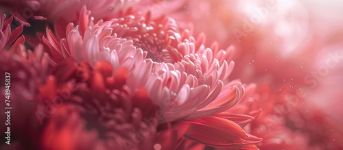 A detailed view of the intricate red and white petals of a Chrysanthemum morifolium flower  captured up close in a macro shot. The vibrant colors and delicate texture of the flower are visible without