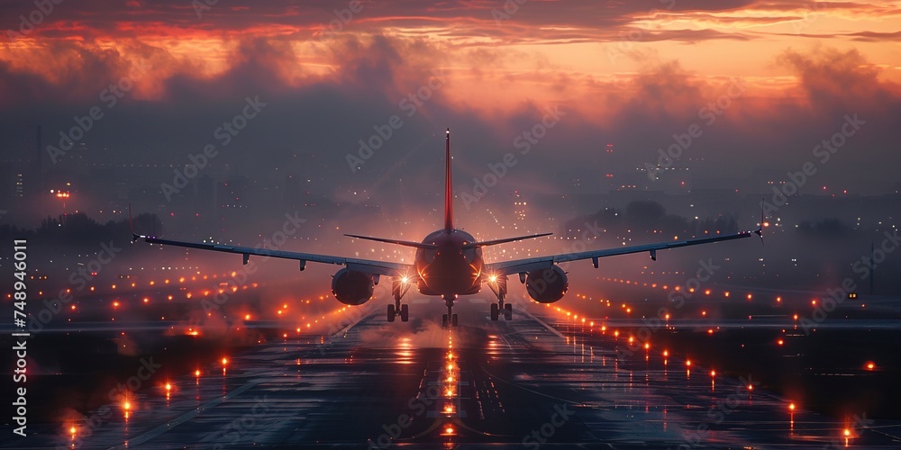 Passenger airplane is landing during a wonderful cloudy sunset - obrazy, fototapety, plakaty 