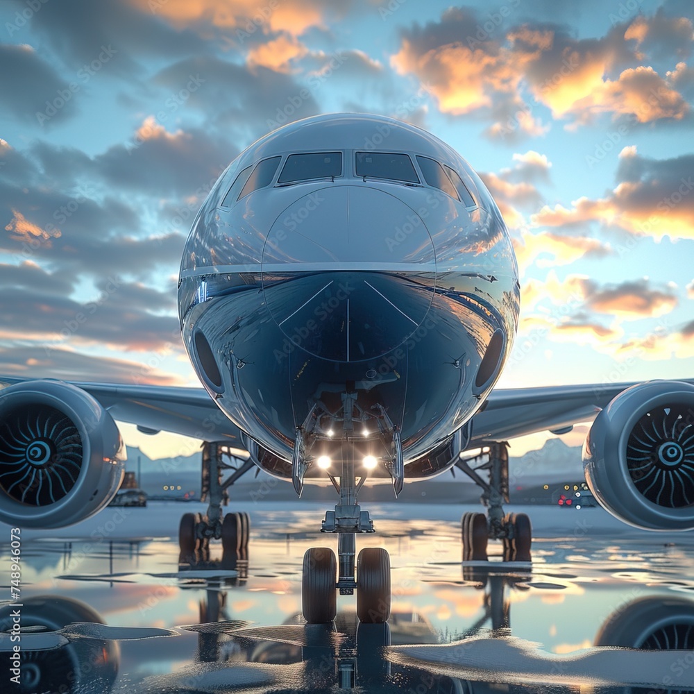 Sunset view of a big airplane on the airport under the dramatic sky.
Sunset view of a big airplane on the airport under the dramatic sky.