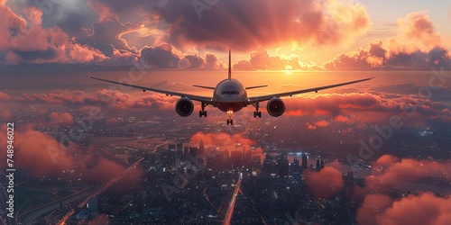 Passenger airplane is landing during a wonderful cloudy sunset