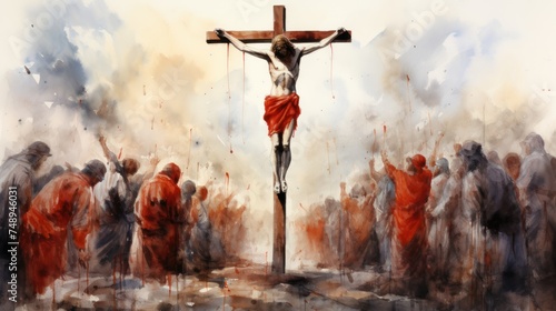 Fototapeta Naklejka Na Ścianę i Meble -  Watercolor painting of the Crucifixion of Jesus Christ on the cross before ascending to Heaven