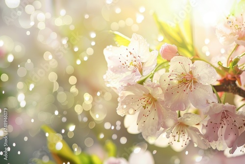 Spring sakura flowers blossom in fresh rain water drops