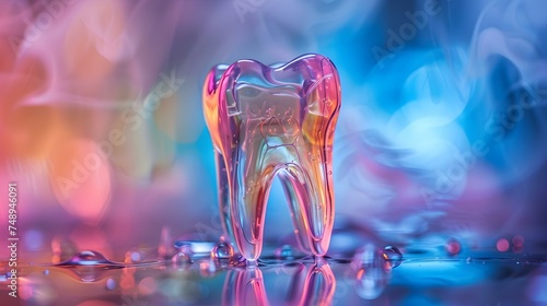 Detailed view of a translucent tooth against colorful abstract background. Concept Tooth Anatomy, Translucent Dental, Abstract Art, Colorful Background, Close-up Photography