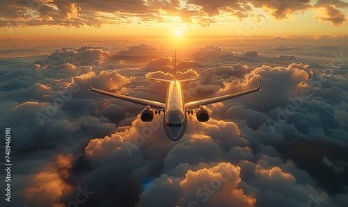 Commercial airplane flying above sunset clouds