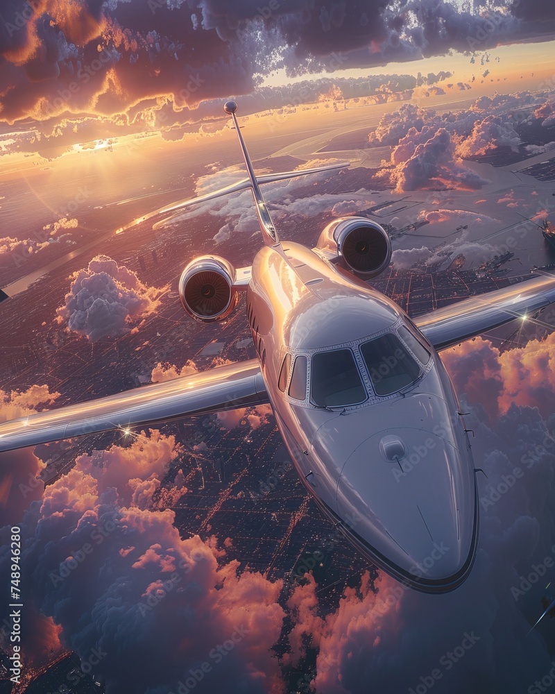 Fototapeta premium Private luxury jet travel flying over sunset clouds