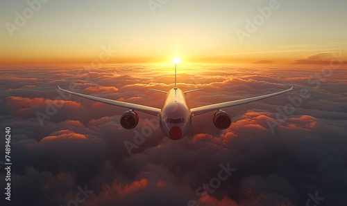 Private luxury jet travel flying over sunset clouds