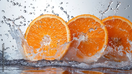 Fresh oranges with splashing water. Refreshing  tasty  healthy orange.