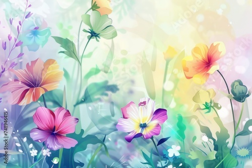 Luxurious  wallpaper. Banner with flowers. Watercolor pink, blue, lilac spots on a color background. Shiny flowers and twigs.
