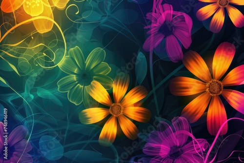 Luxurious  wallpaper. Banner with flowers. Watercolor pink, blue, lilac spots on a color background. Shiny flowers and twigs.
