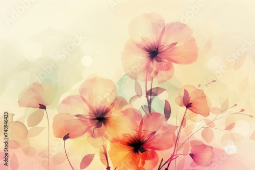 Luxurious  wallpaper. Banner with flowers. Watercolor pink, blue, lilac spots on a color background. Shiny flowers and twigs.
