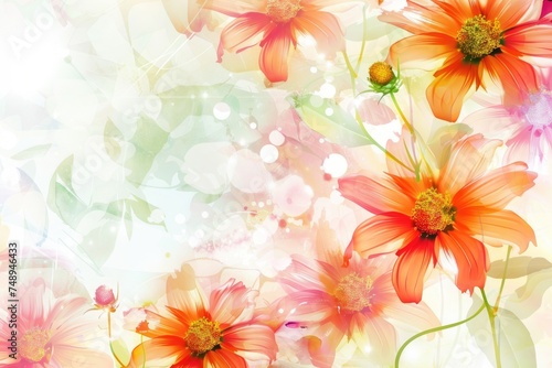 Luxurious  wallpaper. Banner with flowers. Watercolor pink, blue, lilac spots on a color background. Shiny flowers and twigs.
