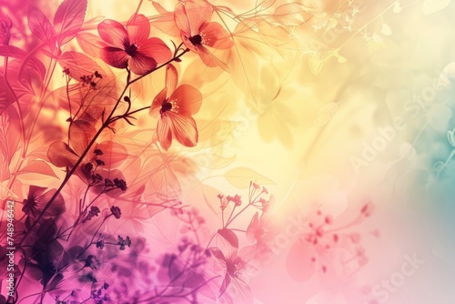 Luxurious  wallpaper. Banner with flowers. Watercolor pink, blue, lilac spots on a color background. Shiny flowers and twigs.
