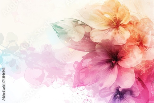 Luxurious  wallpaper. Banner with flowers. Watercolor pink, blue, lilac spots on a color background. Shiny flowers and twigs.
