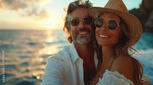 Couple in sunglasses and hats take seaside selfie, exuding happiness.