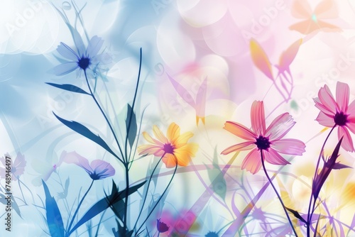 Luxurious  wallpaper. Banner with flowers. Watercolor pink, blue, lilac spots on a color background. Shiny flowers and twigs.
