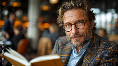 Portrait of a middle aged entrepreneur smiling, looking at the book in his hands, business style