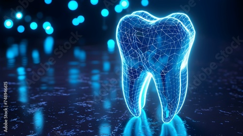 Glowing blue tooth in D mesh for dental clinic advertisement design. Concept Dental Implants, Oral Health, Digital Technology, Advertising Design
