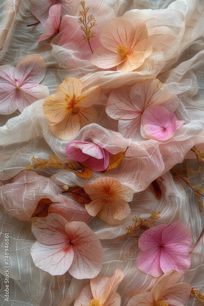 Eco dye fabric using natural materials like leaves, flowers, creating organic patterns for sustainable fashion