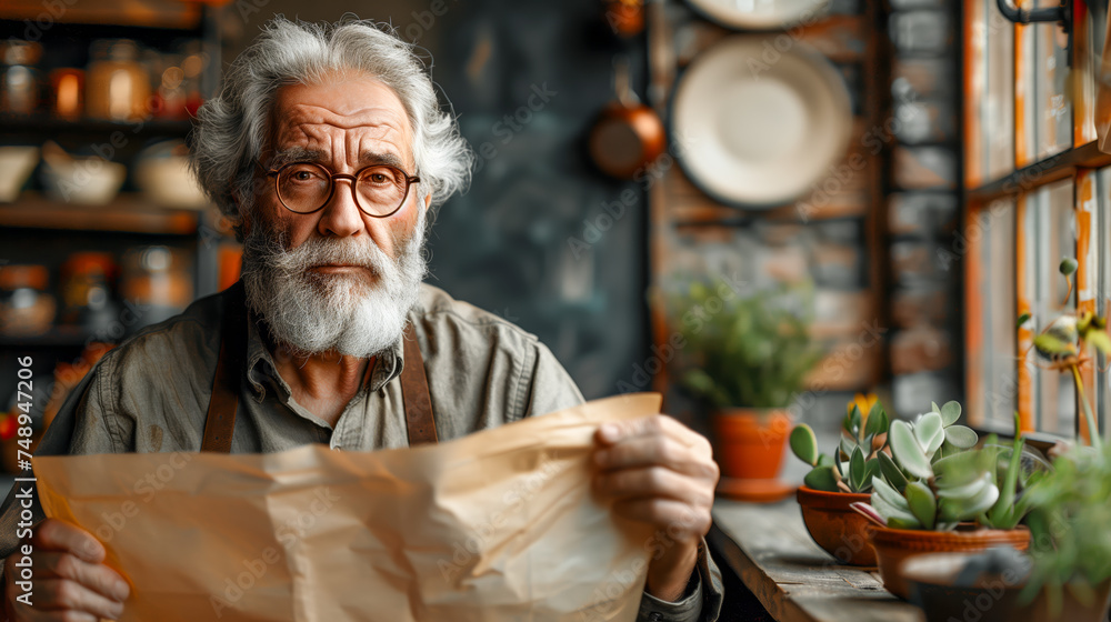 old man with a whiteboard. There is an empty area for additional items or writing space. old man with a whiteboard. There is an empty area for additional items or writing space.