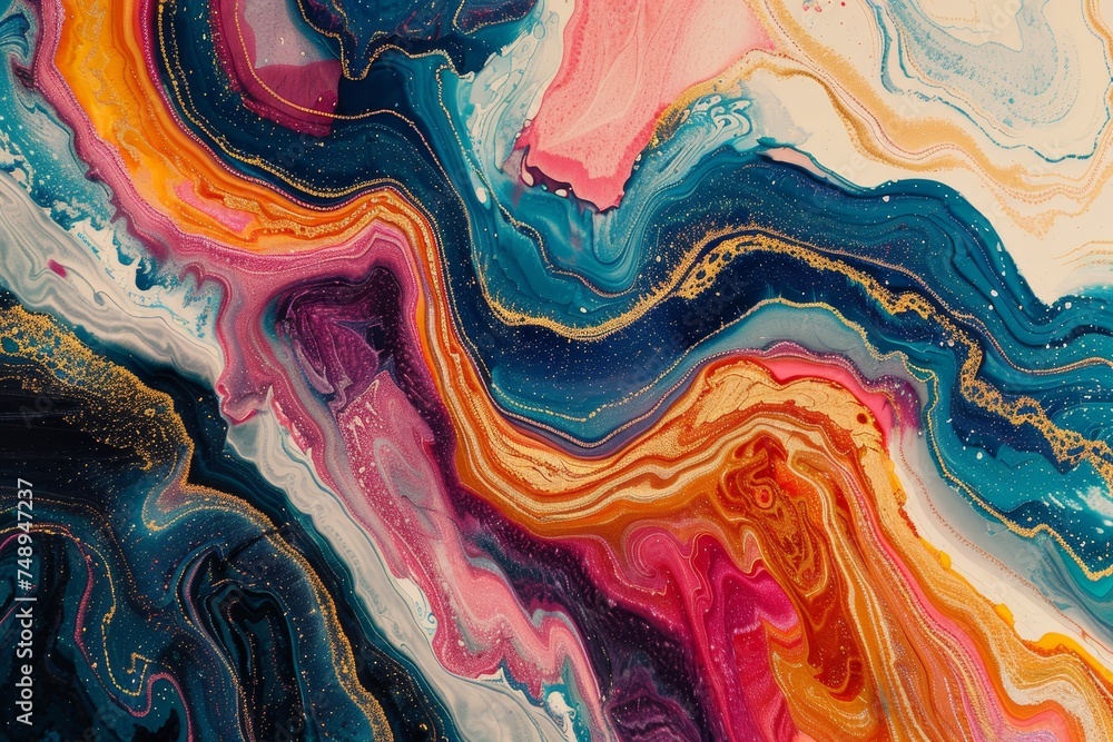 Marbling technique on paper, colors swirl, patterns unique, artistic, fluid - a captivating blend