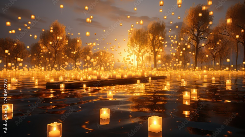 Lanterns floating on the lake at sunset