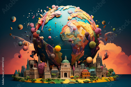 Environment, travel, earth day, landscape concept. Colorful planet Earth minimalist and surreal mockup illustration. Three dimensional or cut paper art style