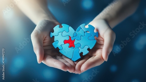 Wallpaper Mural Hands holding puzzle pieces in form of heart on dark blue background Torontodigital.ca