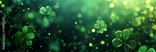 A shiny texture with green clovers on a dark green background, festive glow, background for St. Patrick's Day