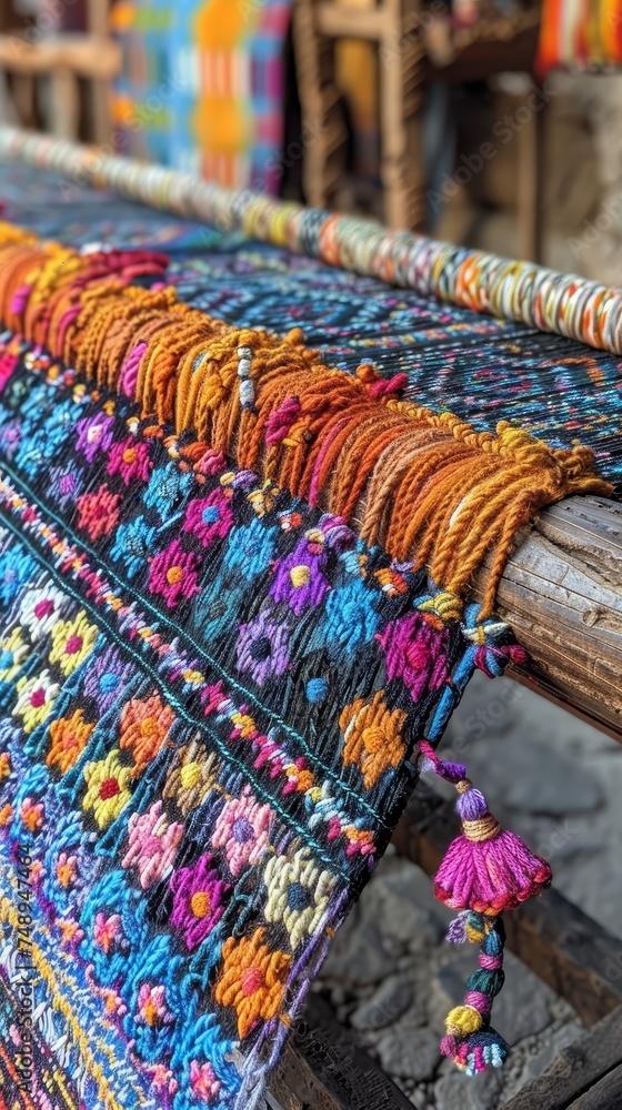 Textile design involves weaving vibrant patterns on a loom with traditional motifs Textile design involves weaving vibrant patterns on a loom with traditional motifs