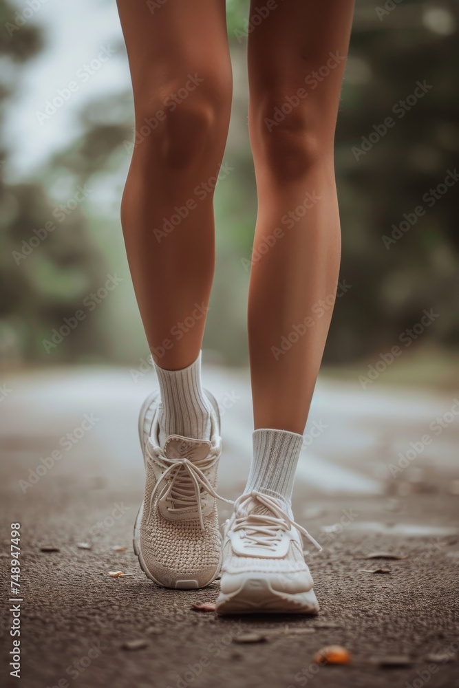 Supple legs in structured running shoes ready for a jog on a natural path