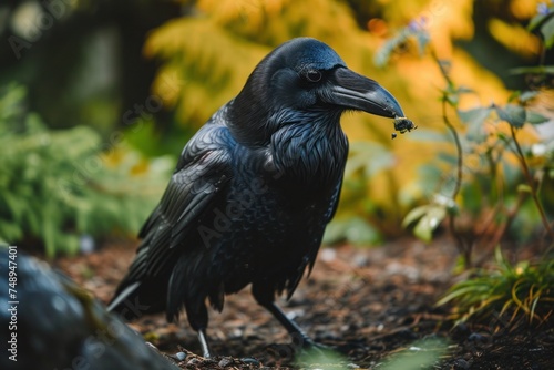 A raven is looking for food in the middle of the green forest