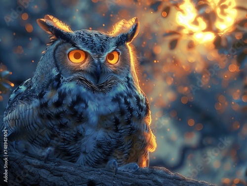 Owl with its eyes aglow capturing the ethereal beauty and mystery of the nocturnal wilderness  photo