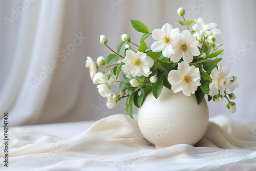 Minimalist Japanese-style floral centerpiece in a ceramic vase photo