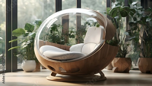 futuristic sci-fi pod chair, Flat Design, Product-View, editorial photography, transparent orb, product photography, natural lighting, plants, natural daytime lighting, zbrush, 8k, natural wooden envi