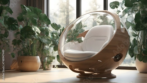 futuristic sci-fi pod chair, Flat Design, Product-View, editorial photography, transparent orb, product photography, natural lighting, plants, natural daytime lighting, zbrush, 8k, natural wooden envi photo