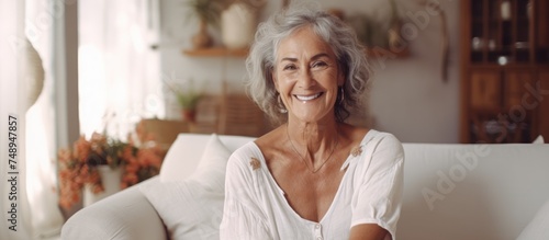 An older woman, with gray hair, is seated on a couch in a bright and spacious interior. She is smiling while wearing a white T-shirt and beige trousers.