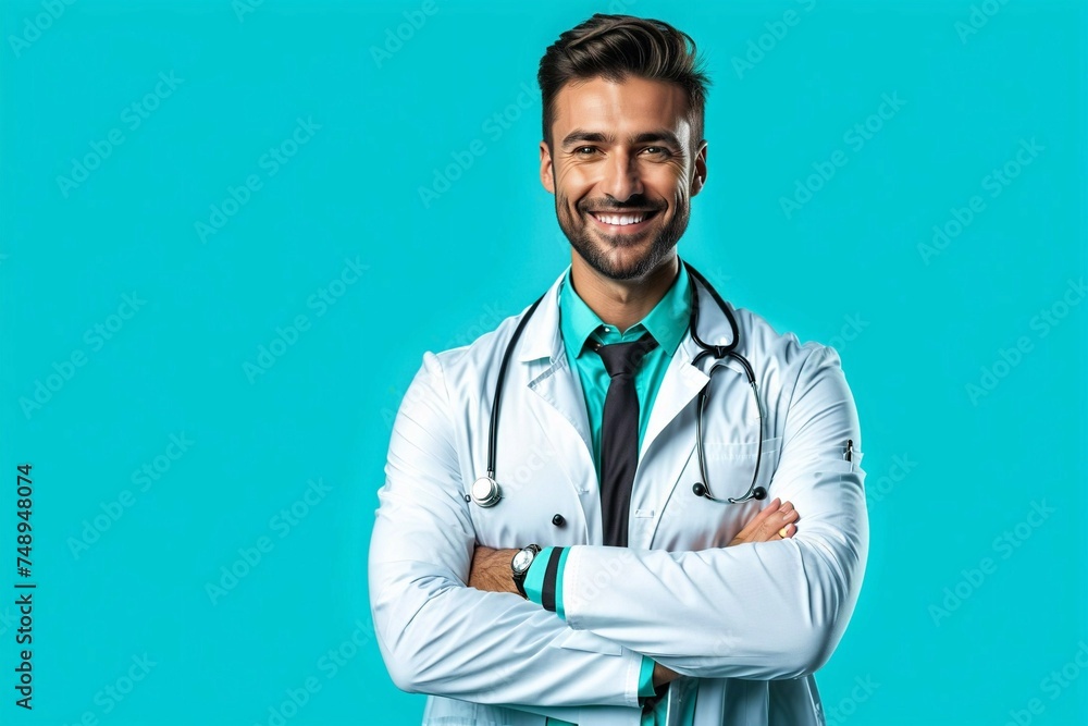 A smiling man in a white lab coat with a green tie A smiling man in a white lab coat with a green tie