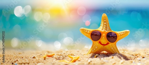 Fun image of a starfish with sunglasses on sandy beach with sparkling summer ocean backdrop and ample copyspace.