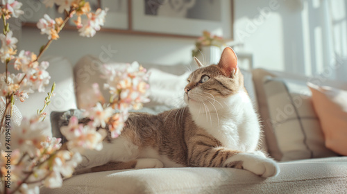 Cat relaxing on sofa with cherry blossoms. Cozy home interior and springtime concept. Pet portrait for poster and lifestyle design. 