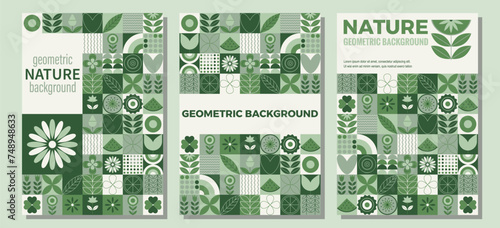 Modern Nature geometric background. Abstract nature: Trees, leaves, flowers, fruits. Mosaic set of icons in minimalist style. Poster, banner, business card template in trendy style #748948633