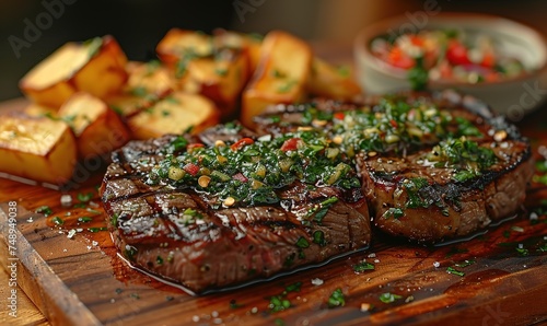 Close-up photo of argentina steak with chimichurri 