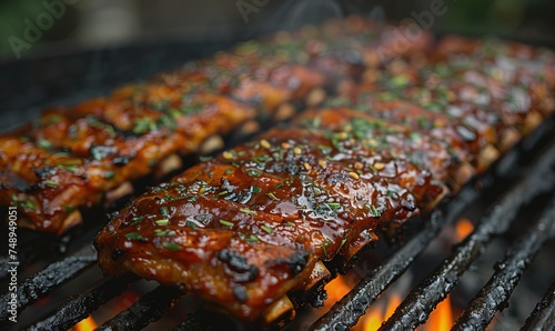 Grilled ribs on the grill. photo