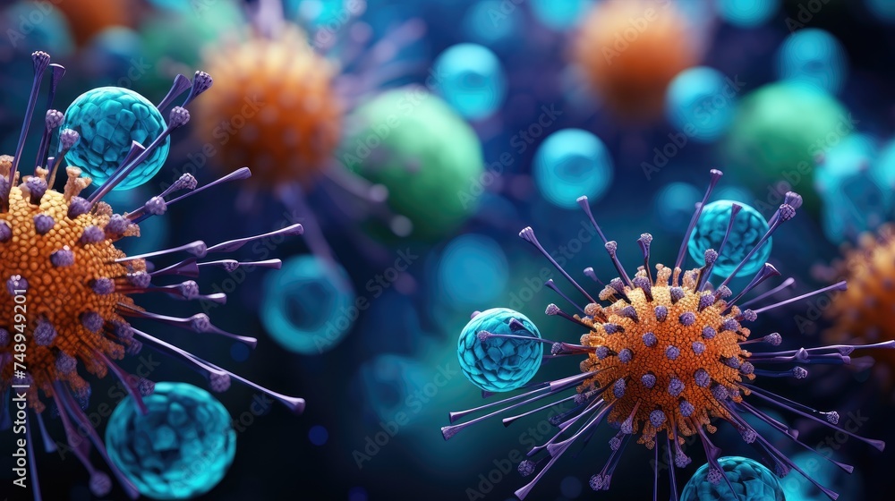 Digital illustration of virus particles in high detail, showcasing spikes on the viral envelope with a dramatic, dark background. - obrazy, fototapety, plakaty 