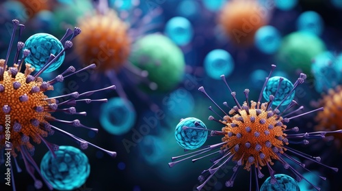 Digital illustration of virus particles in high detail, showcasing spikes on the viral envelope with a dramatic, dark background.